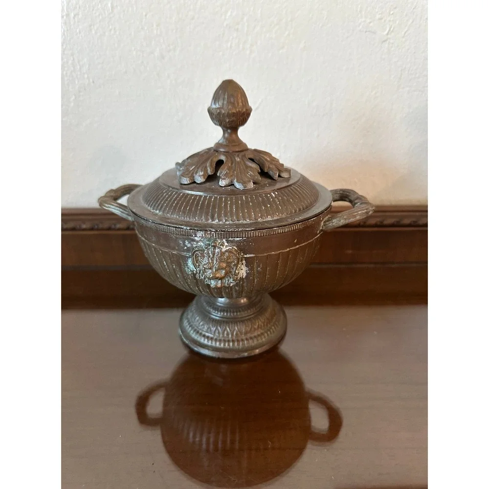 Solid Brass Urn Style Bowl Lid Trinket Pedestal Double Lion Heads‎ Shelf Decor
